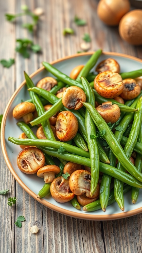 Crispy air-fried green beans and mushrooms served on a plate, garnished with herbs.